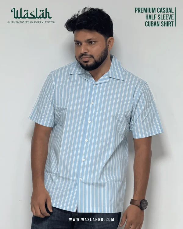 Sky Blue Stripe Premium Casual Half Sleeve Cuban Shirt