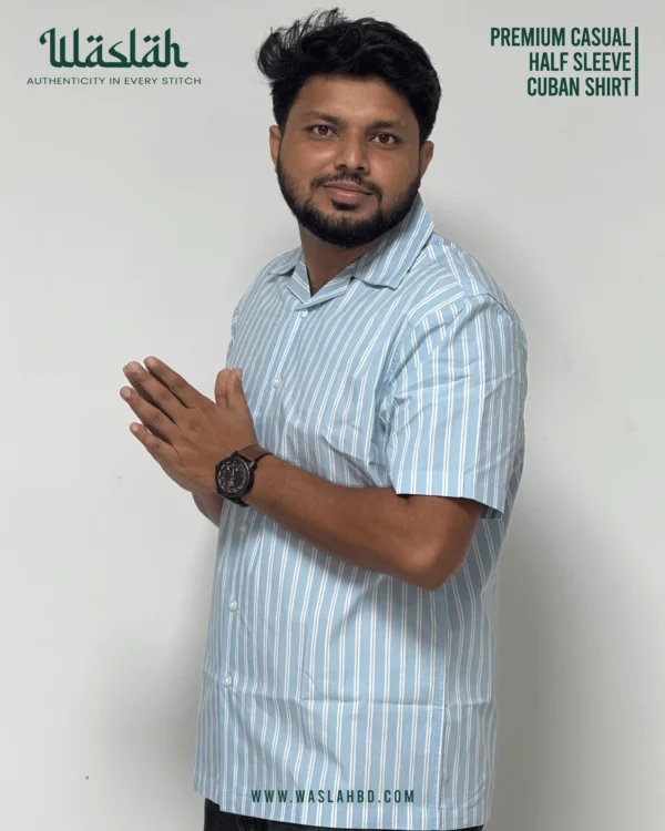 Sky Blue Stripe Premium Casual Half Sleeve Cuban Shirt - Image 2